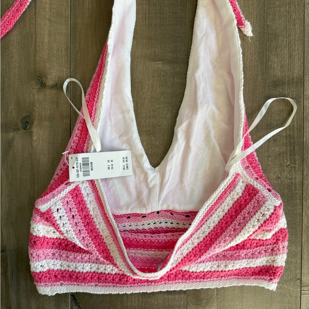 NEW Hollister Crochet Crop Top Bralette‎ Medium Halter Tie Neck Pink Lined - Picture 4 of 6
